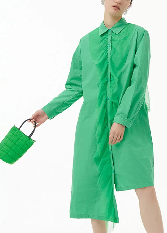 Women's Activewear Garments Playful Elegance Chic Green Asymmetrical Tulle Patchwork Ruffles Cotton Shirt Dress Spring