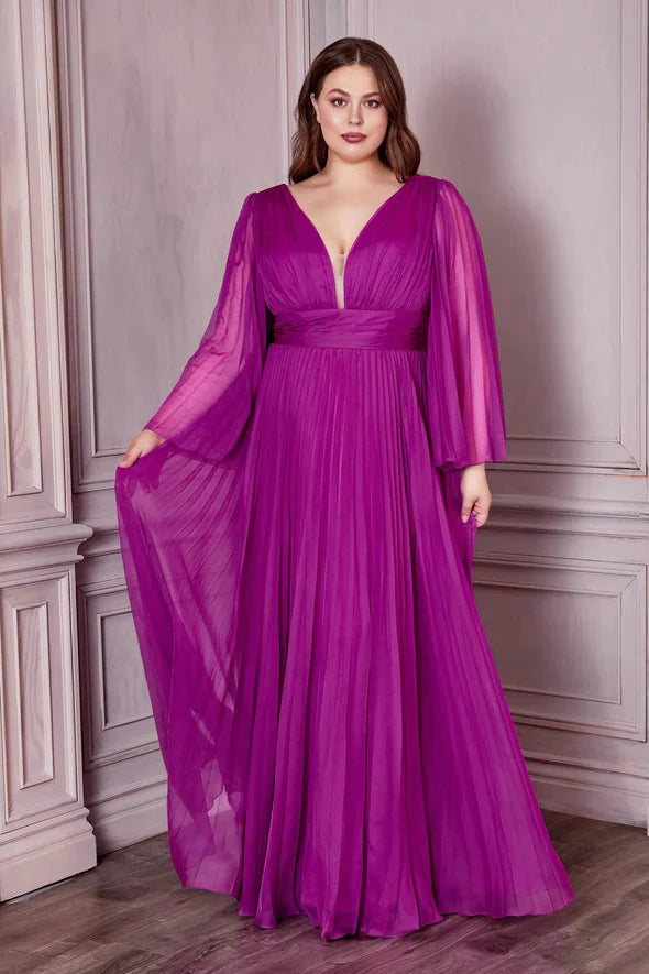 Women's Outfit Cottagecore Rustic Charm Style Ladivine CD242 Size 20 Orchid Long Pleated Chiffon A Line Bell Sleeve V Neck Formal Dress Bridesmaid Gown