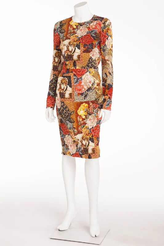 Women's Vintage Attire Alluring Design Dolce & Gabbana - Long Sleeve Tapestry and BullDog Print Dress - IT 42