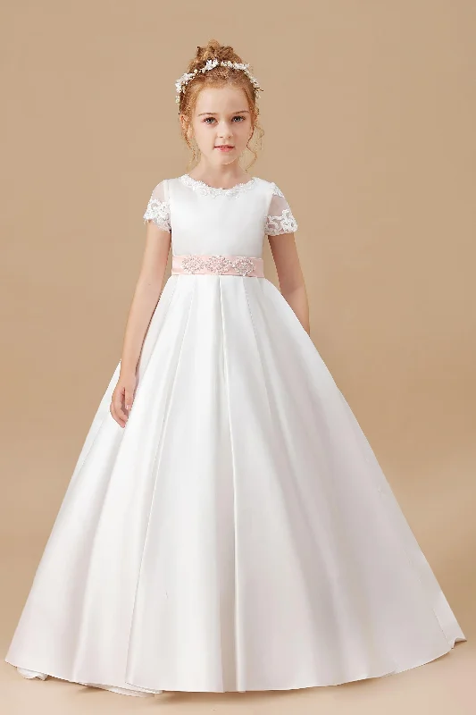 Women's Urban Clothing Score Big on Glamorous Red - Carpet Styles Lace Satin Ivory Long Flower Girl Dress With Pink Bowknot