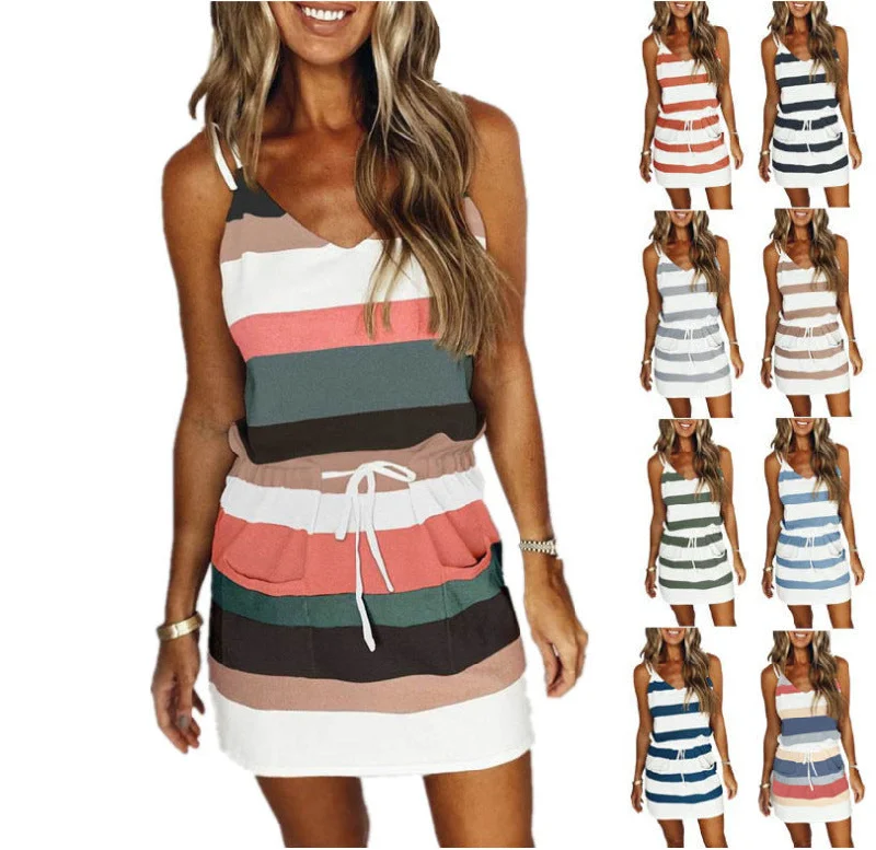 Women's Occasion Wear Clothes Casual Elegance Fashion Stripe Drawstring Dress Summer Dress Loose Sleeveless Dress Women's Comfortable Casual Outfits Wear