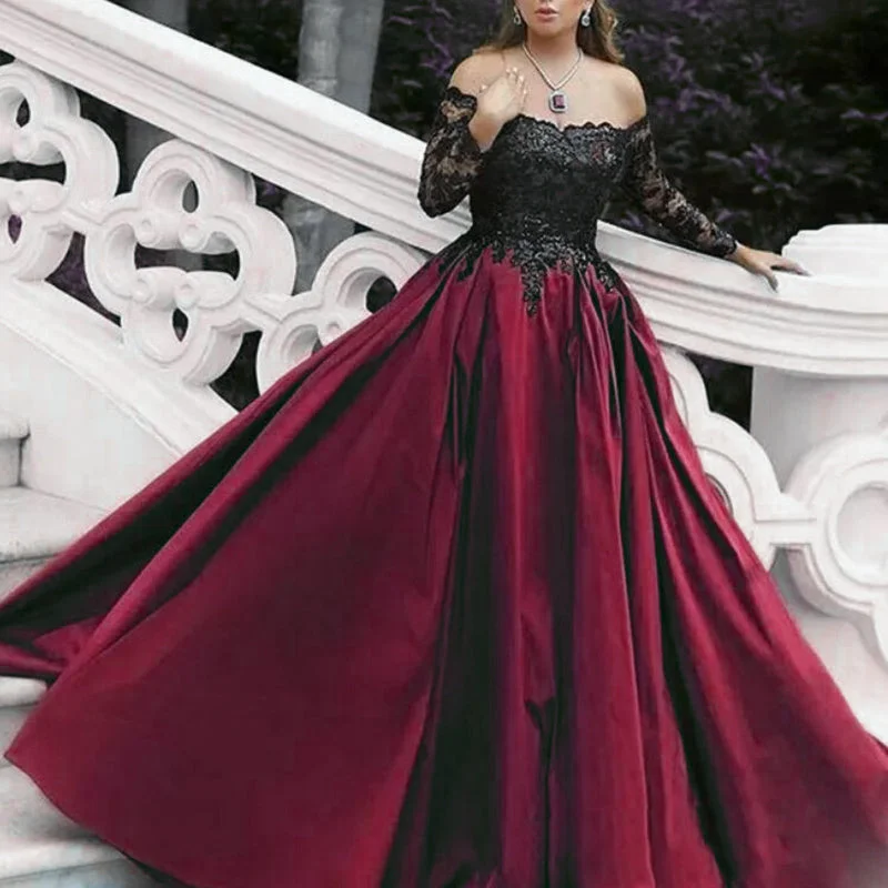 Women's Plus-Size Attire Rustic Countryside Charm Look Stunning Burgundy Women Formal Evening Gown Off the Shoulder Long Sleeves satin A Line Lace Prom Dresses