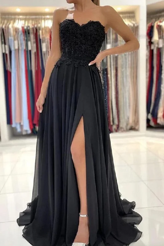 Women's Transitional Apparel Vintage Elegance Women Black Chiffon Lace Prom Dresses Long Strapless Evening Gowns Formal Party Dress YPD417