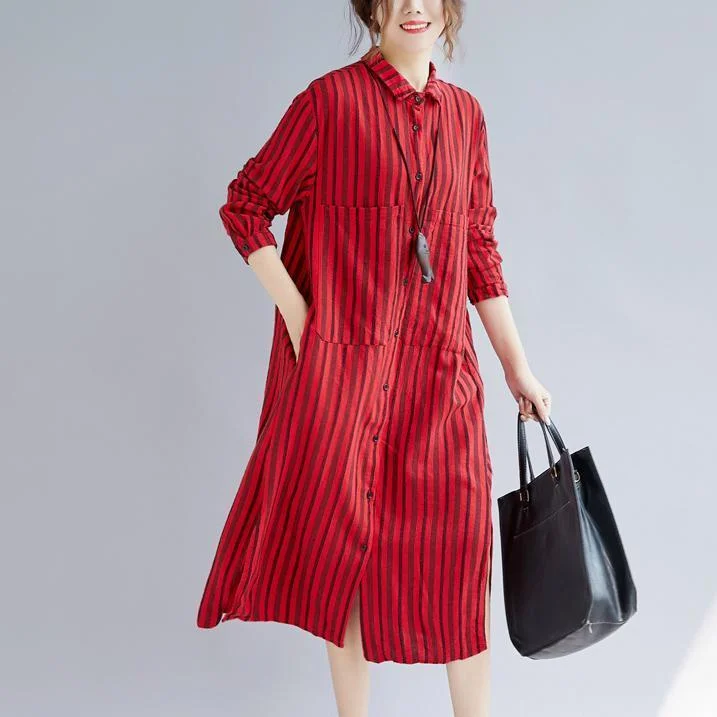 Women's Clothing With Trendy Designs Luxury Style fine red long cotton linen shirt dress plus size Turn-down Collar side open fine long sleeve pockets cotton linen shirt caftans