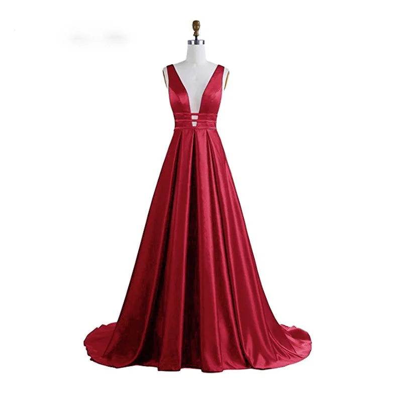 Women's Charming Outfit For Events Effortless Comfort Elegant V Neck Dark Red Prom Dress Satin A Line Formal Graduation Formal Evening Gown Long LP782