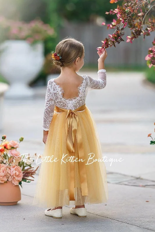 Women's Comfortable Lounge Attire Classic Charm Fall Inspired, Long Sleeve Marigold Flower Girl Dress