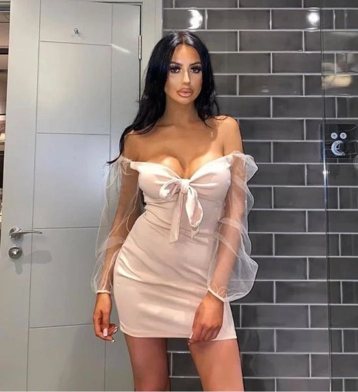 Women's Athletic Outfit Exquisite Craftsmanship Pastel Tie Up Detail Long Sheer Sleeve Bodycon Mini Dress