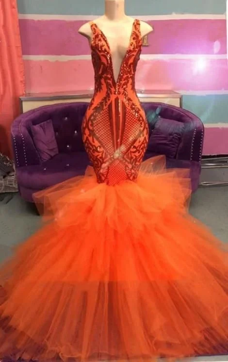 Women's High-Fashion Clothes Coastal Beach - Inspired Style Black Girl Prom Dress Orange Mermaid Lace Appliques Prom Dresses Tulle Ruffles Sexy V-neck Cheap Evening Gowns   cg22187