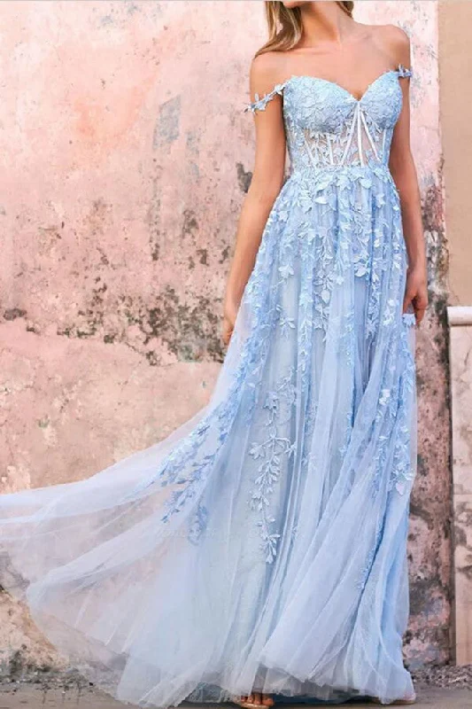 Women's Casual Wear Clothes Classic Timeless Elegant Style Women Light Blue Prom Dresses Long Appliques Evening Gowns Formal Party Dress YPD405