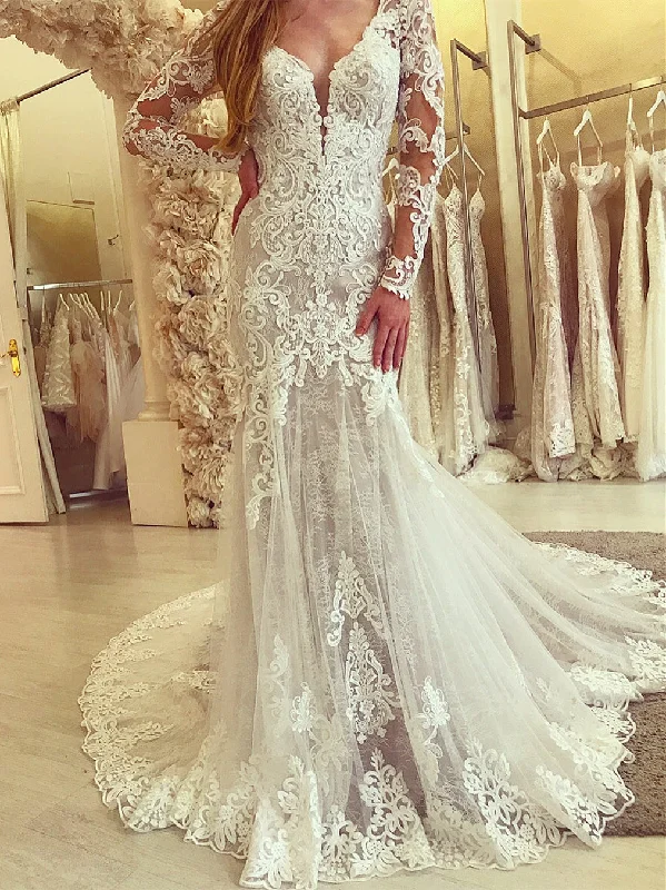 Women's High-Fashion Outfit Ethnic Cultural Event Wear Long Sleeves Lace Mermaid Wedding Dresses, Bridal Gown, Elegant Lace Bridal Gown