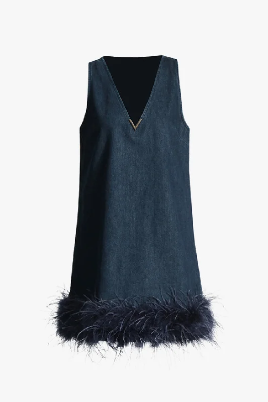 Classic Clothes For Women Feminine Charm Retro Deep V Neck Sleeveless Faux Feather Trim Denim Mini Sundress