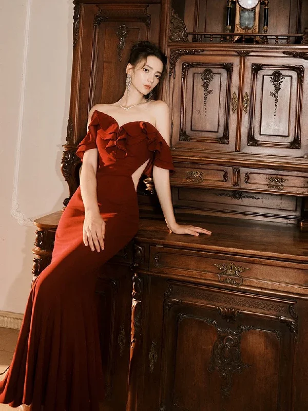 Women's Seasonal Clothes Soft Textures Pretty Mermaid Off The Shoulder Burgundy Satin Long Prom Dresses Party Evening Dress C3788