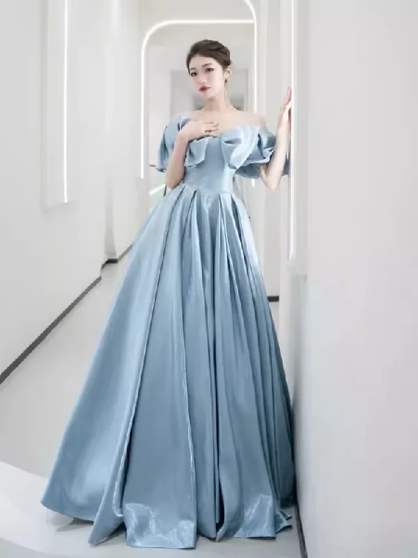 Women's Trendy Activewear Apparel Y2K Nostalgic Fashion Look Modest A line Off The Shoulder Satin Light Sky Blue Prom Dress Long Evening Dress C862