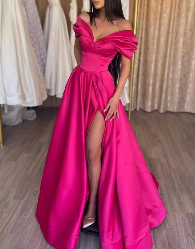 Women's Activewear Outfit Luxe Layering Women V-Neck Satin Prom Dresses Long Slit Evening Gowns Off Shoulder Formal Party Dress YPD598