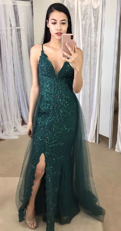 Women's Everyday Garments Graceful Cut light green,sleeveless,v-neck,spaghetti-straps,slit-skirt,applique,tulle,long prom evening dress  cg8535