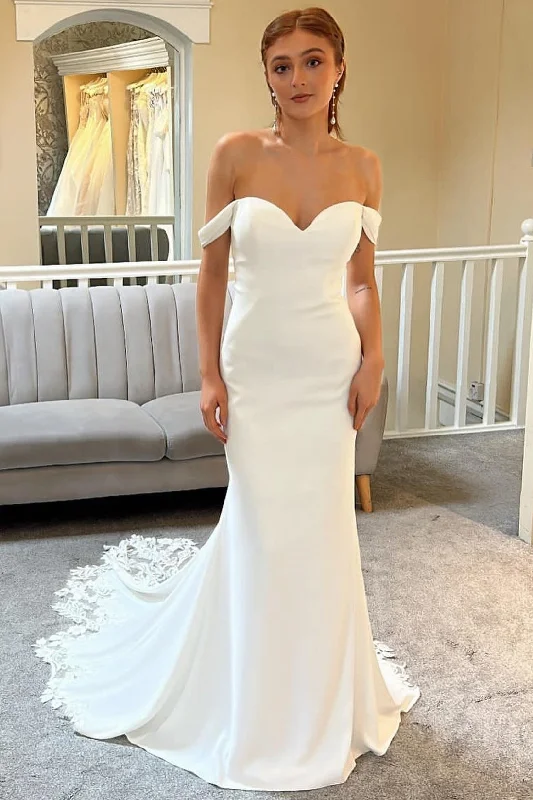 Stylish Women's Clothing Feminine Flow White Off-the-Shoulder Mermaid Long Bridal Gown