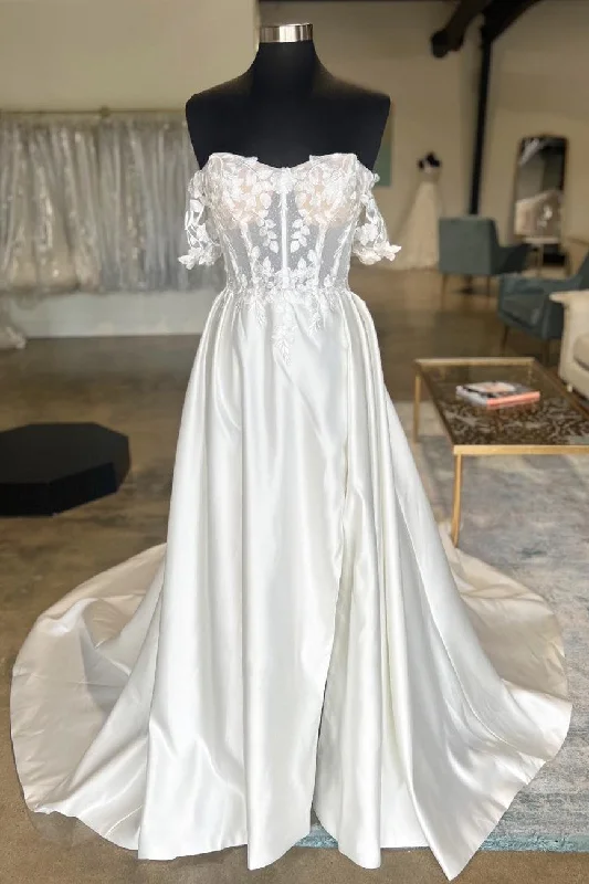 Women's Resort Apparel Grab Romantic Date - Night Styles Now White Satin Off-the-Shoulder Appliques Long Wedding Dress