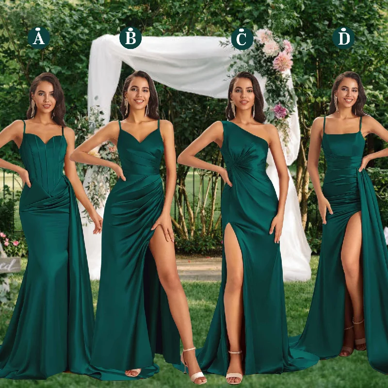 Women's Comfortable Lounge Garments Subtle Sophistication Mismatched Dark-Green Sexy Side Slit Mermaid Soft Satin Long Bridesmaid Dresses Online