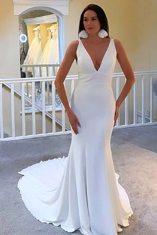 Women's Loungewear Clothes Effortless Style Ivory Plunge V Open Back Mermaid Long Wedding Dress