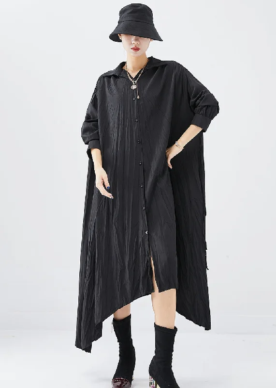 Women's Elegant Garments Feminine Flow Chic Black Oversized Asymmetrical Design Cotton Shirt Dress Fall