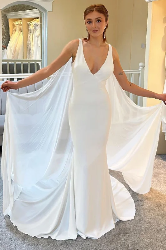 Chic Clothing For Women Minimalist Office - Ready Style White Plunge V Mermaid Long Wedding Dress with Detachable Cape