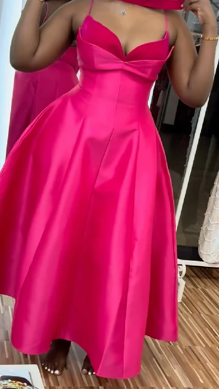 Women's Everyday Apparel Casual Weekend Relaxed Style Vintage A line Spaghetti Straps Hot Pink Satin Evening Dress Ankle Length Prom Dresses BD2509