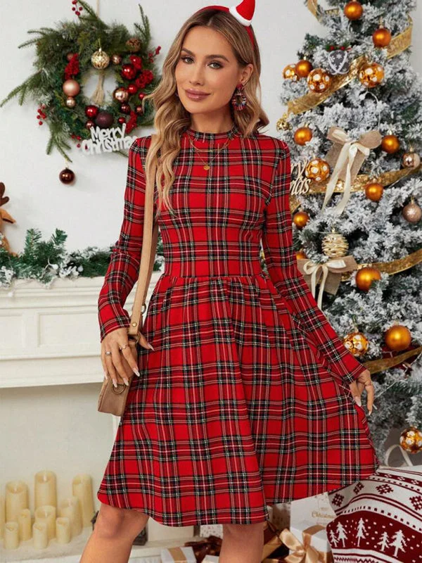 Women's Work Outfit For The Office Contemporary Elegance Women's Traditional Plaid Print Long Sleeve A-Line Dress