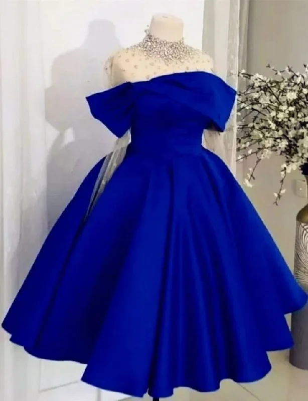 Women's Seasonal Apparel Feminine Grace Pretty Ball Gown Royal Blue Satin Evening Dress Prom Dresses With Beads C3689