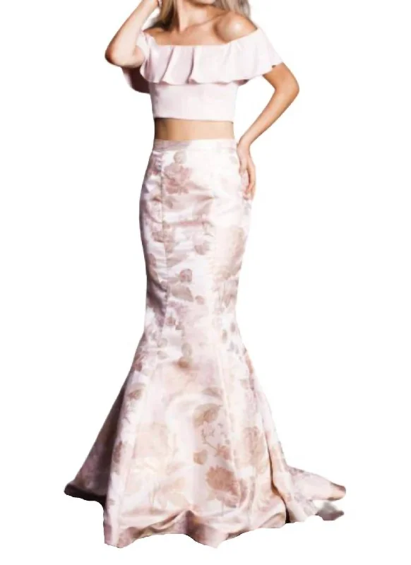 Women's Casual Wear Clothing Elevated Style Two Piece Off The Shoulder Gown In Blush/gold