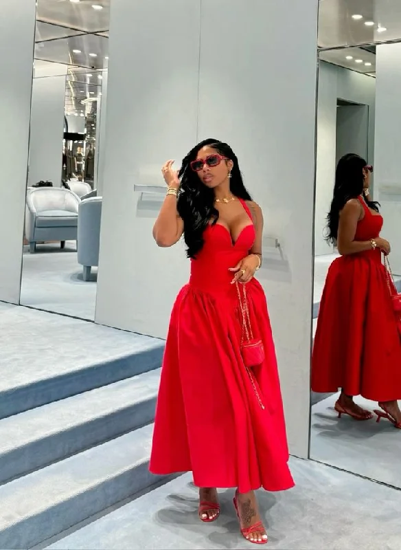 Women's Active Clothing Art Deco Geometric Pattern Look Simple A line Straps Red Sleeveless Satin Prom Dress Formal Evening Dresses BD2536