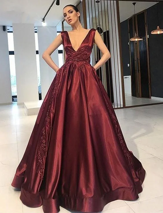 Women's Transitional Outfit Limited - Stock Charming A Line V Neck Sleeveless Burgundy Long prom dress cg5555