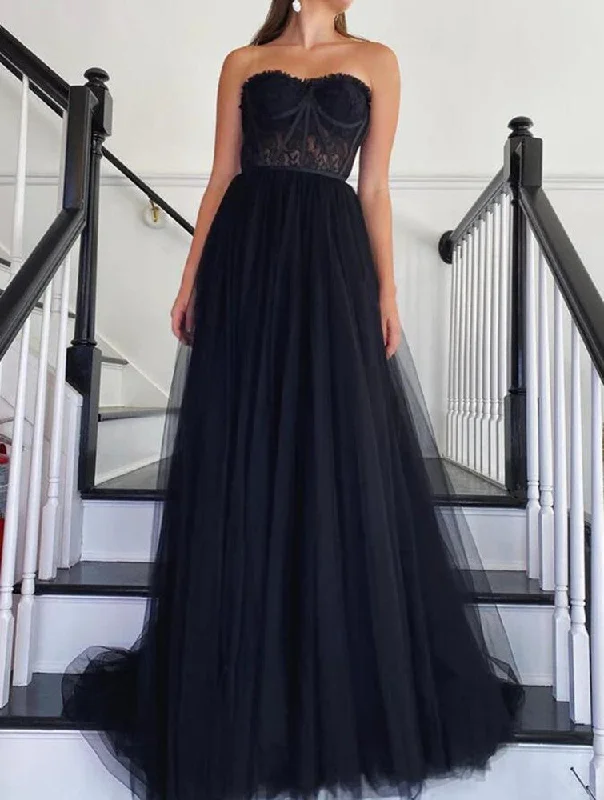 Women's Night-Out Clothes Romantic Date - Night Ensemble Women Black Tulle Lace Prom Dresses Long Sweetheart Evening Gowns Formal Party Dress YPD408