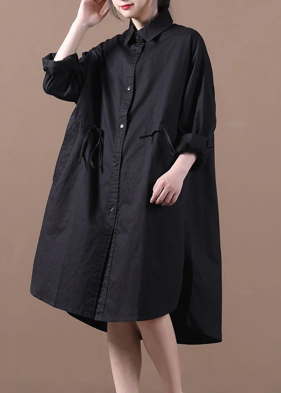 Women's Night-Out Outfit Graceful Movement Black Pockets Cotton Loose Shirt Dresses Solid Color Drawstring Long Sleeve