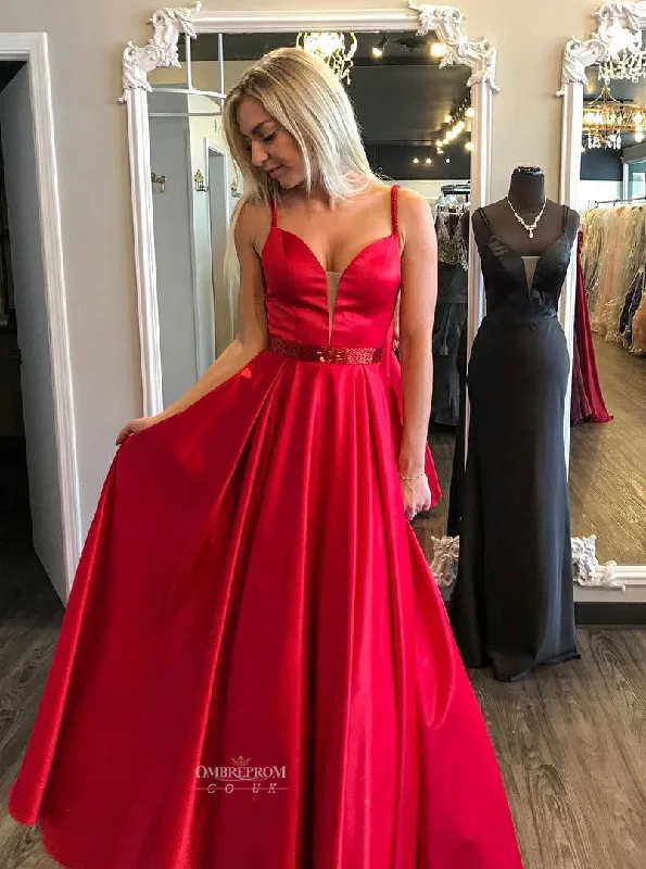 Women's High-End Clothing Contemporary Chic Red A-line Satin V-neck Long Prom Party Dresses With Beaded OP499