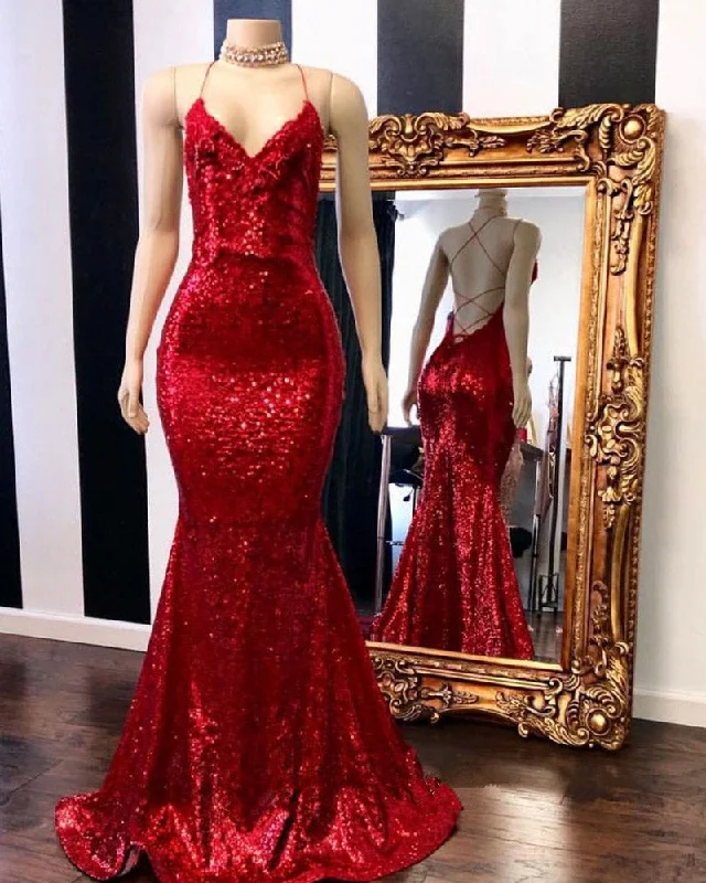 Women's Loungewear Clothes Feminine Flow Red Halter Sequins Sparkle Evening Gowns Sexy Mermaid Dresses Long PL801