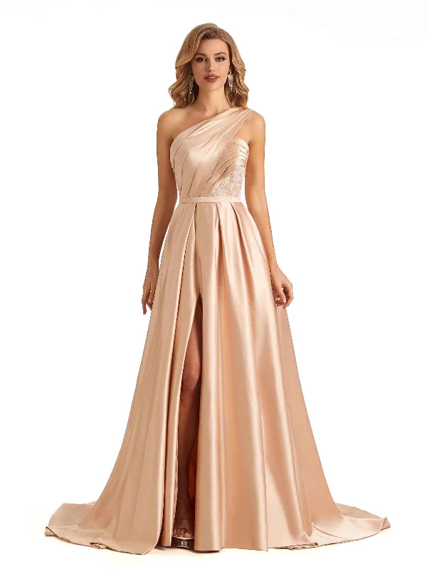 Chic Clothing For Women Art Deco Geometric Pattern Look Sexy Side Slit One Shoulder A-line Soft Satin Long Bridesmaid Dresses Online