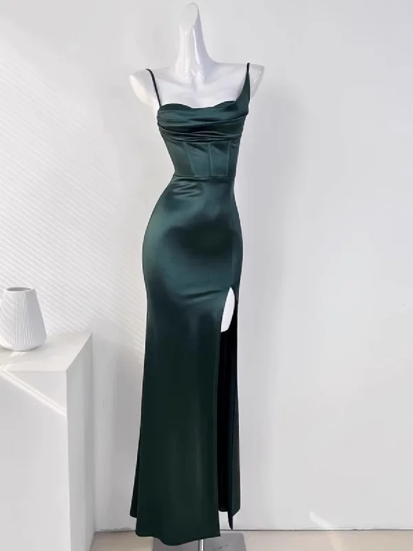 Women's Clothes For Work Events Flowy Fabric Sexy Mermaid Sleeveless Green Satin Long Prom Dress B345