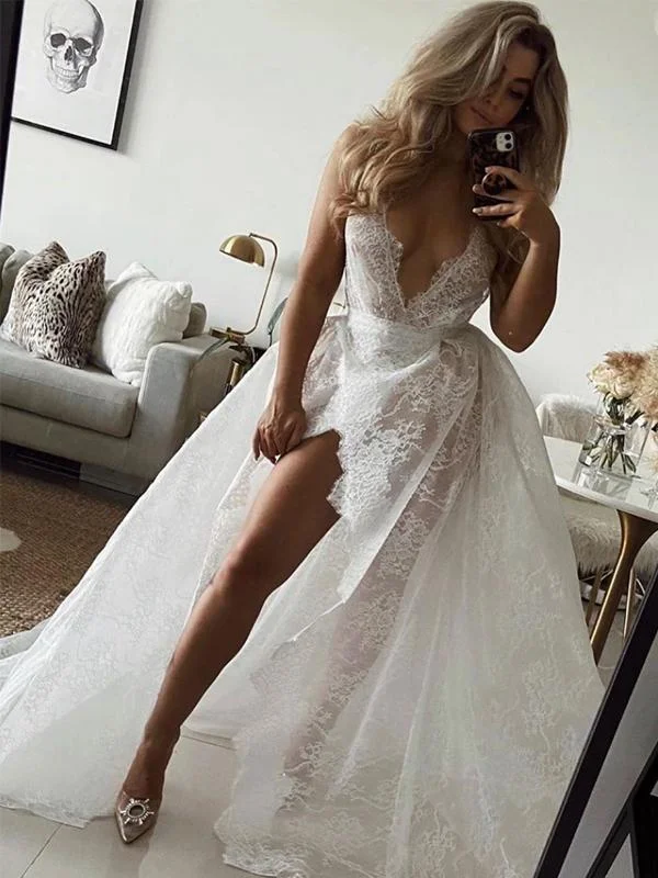 Women's Clothes For Special Occasions Casual Elegance Deep V-neck Lace A-line Wedding Dresses, See Through Sexy Wedding Dresses, Bridal Gowns