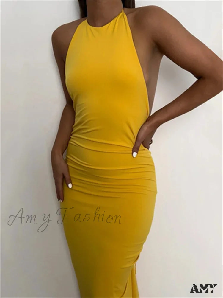 Women's Athletic Outfit Minimalist Office - Ready Style Amy Fashion - Women Halter Tie-up Backless  Slim Fit Solid Ruched Summer Party Sleeveless Off Shoulder Vestido