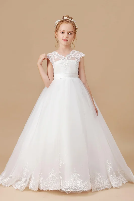 Women's Casual Clothing For Lounging Mid - Season Sale Tulle Satin Ivory V-neck Lace Floor-length Flower Girl Dress