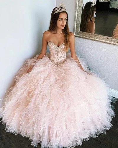 Women's Active Garments For Workouts Now on Sale for Chic Urban Styles pink sleeveless strapless sweetheart prom dresses,beaded tulle ruffles sweet 16 dress   cg9850