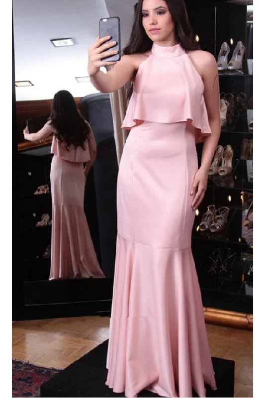 Modern Women's Clothes Flowy Fabric Pink Halter Sleeveless Sheath Long Evening Dresses Unique Long Prom Dresses N1274