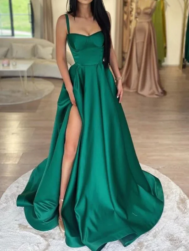 Casual Chic Women's Clothes Subtle Sophistication Women A-Line Satin Prom Dresses Long High Slit Evening Gowns Sleeveless Formal Party Dress YPD673