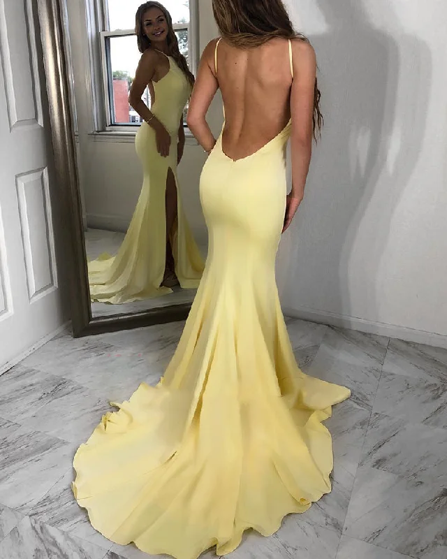 Women's Versatile Apparel Charming Silhouette Fancy Scoop Backless Fitted Long Prom Dresses Yellow Party Gown with Sexy Slit PL321