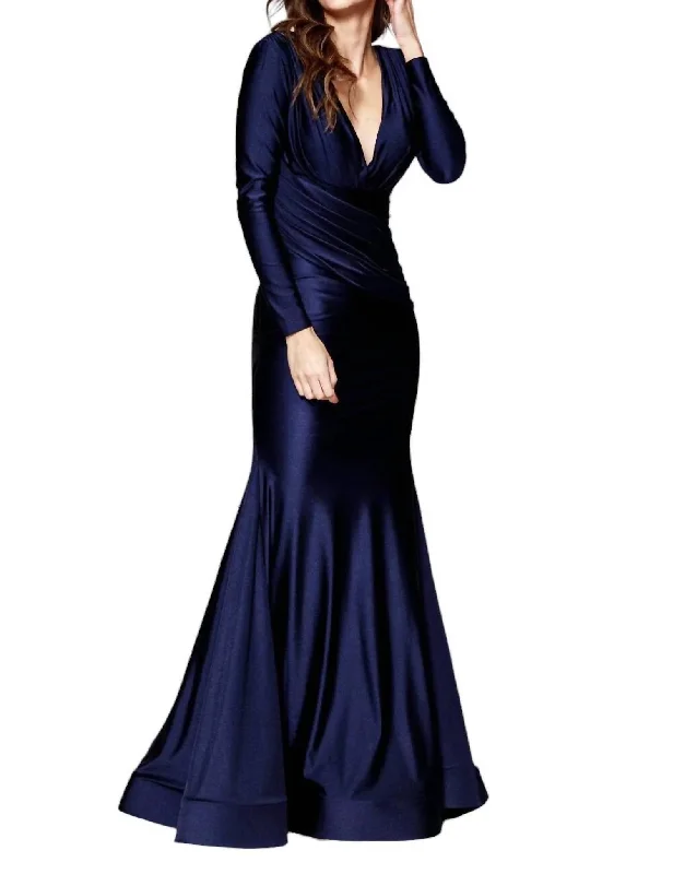 Women's Apparel And Garments Graceful Drape Fitted Long Sleeve Lycra Gown In Navy