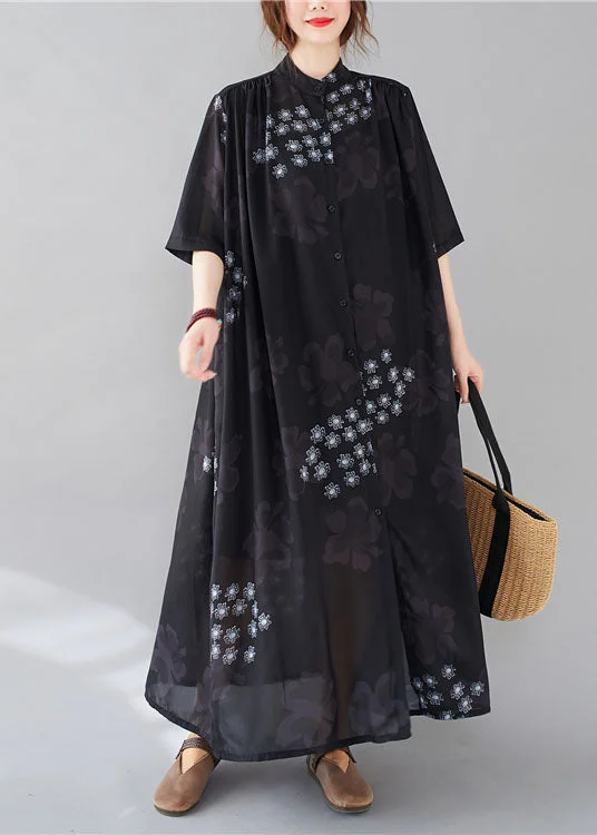 Women's High-Fashion Attire Luxury Comfort Bohemian Black Stand Collar Oversized Print Chiffon Shirt Dresses Summer