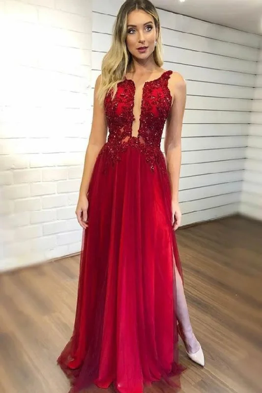 Women's Vintage Garments Bohemian Vibe A-Line Sleeveless Split Prom Dresses with Appliques Beading Tulle Evening Dresses  cg9025