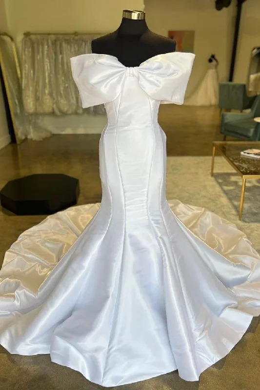 Women's Clothes For Work Contemporary Chic White Off-the-Shoulder Bow Trumpet Long Wedding Dress