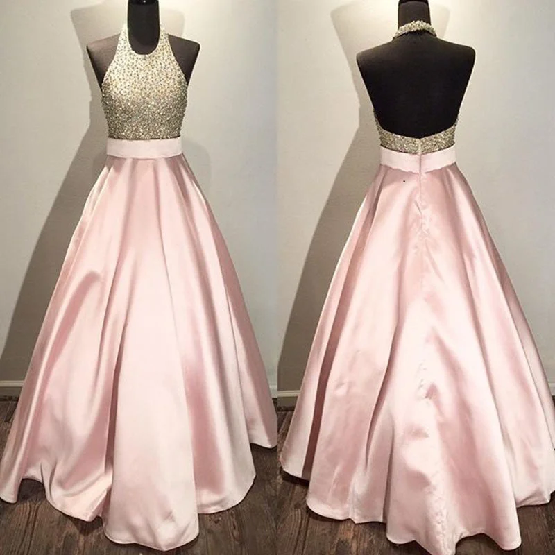 Women's Wardrobe Apparel Elegant Contour LP2555 Pink  Halter Satin A Line Prom Dress 2018 Long Pageant Dressabito cerimonia donna sera Evening Gown