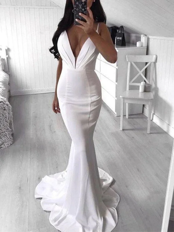 Women's Active Clothing Rustic Countryside Charm Look Spaghetti Straps Mermaid Long Prom Dresses, Deep V-neck Sexy Wedding Dresses